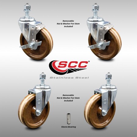 Service Caster 5 Inch SS High Temp Phenolic Swivel 1/2 Inch Threaded Stem Caster Brakes SCC, 2PK SCC-SSTS20S514-PHSHT-121315-2-TLB-2